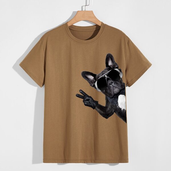 

Men Dog Print Short Sleeve Tee, Brown