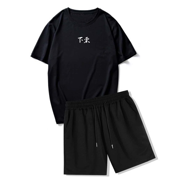 

Men Japanese Letter & Hill Tee & Track Shorts, Black