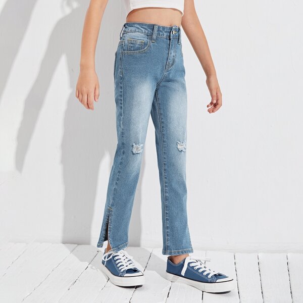 

Girls Zipper Fly Ripped Detail Split Hem Jeans, Medium wash