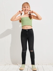 SHEIN Tween Girl Ripped Jeans - Black - View 5