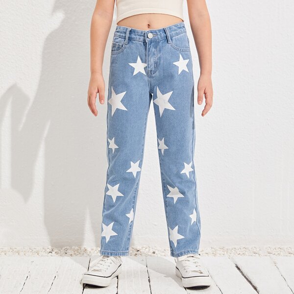 

Girls High Waisted Galaxy Print Jeans, Light wash