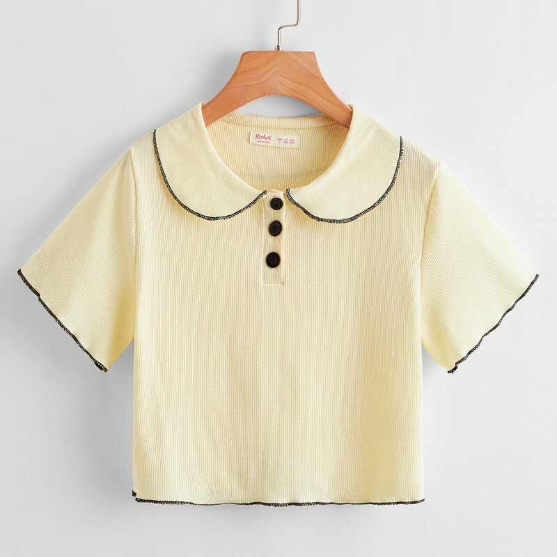 

Contrast Binding Button Ribbed Tee, Beige