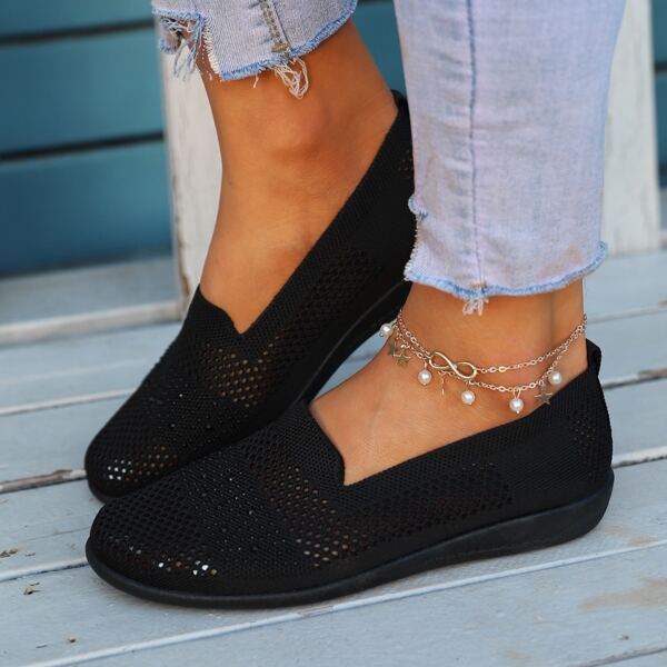 

Rhinestone Decor Hollow Out Slip-On Flats, Black