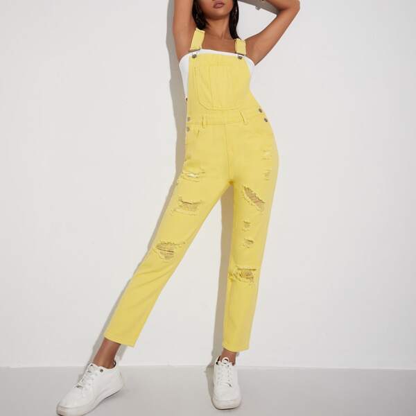 

Pocket Front Ripped Cropped Denim Overalls, Yellow