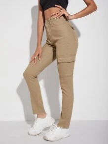Jeans ajustados con bolsillo oblicuo - Caqui - Ver 1
