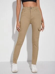 Jeans ajustados con bolsillo oblicuo - Caqui - Ver 3