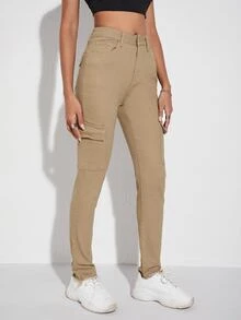 Jeans ajustados con bolsillo oblicuo - Caqui - Ver 4