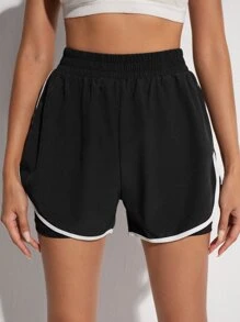 2 In 1 Contrast Binding Sports Shorts - Black - View 4