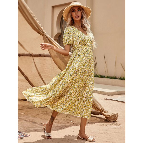 

Ditsy Floral Print Ruffle Hem Puff Sleeve Dress, Yellow