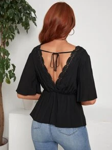 Lace Trim Tie Back Peplum Top - Black - View 1