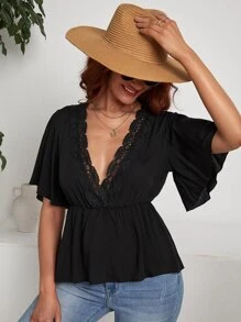 Lace Trim Tie Back Peplum Top - Black - View 2