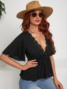 Lace Trim Tie Back Peplum Top - Black - View 5