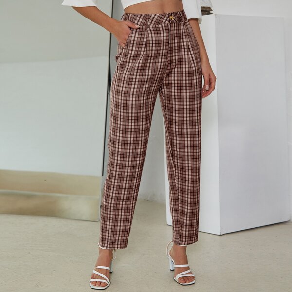 

Plaid Slant Pocket Pants, Coffee brown
