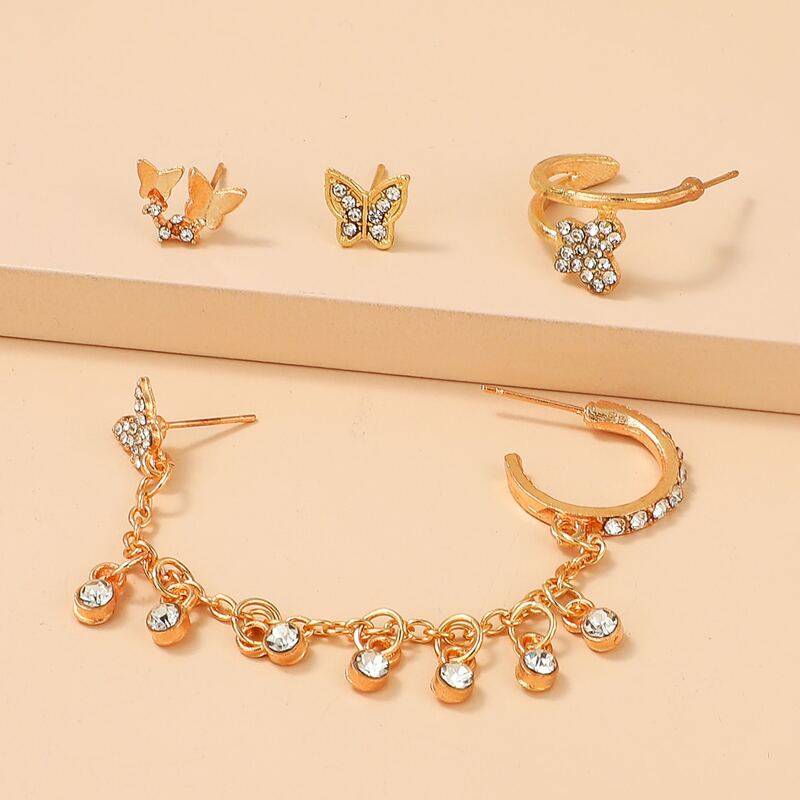 

4pcs Rhinestone Decor Earrings, Gold