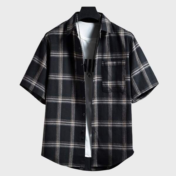 

Men 1pc Plaid Pocket Patched Shirt, Black