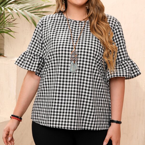 

Plus Flounce Sleeve Gingham Top, Black and white
