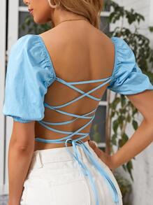 SHEIN Square Neck Lace Up Back Top - Baby Blue - View 2