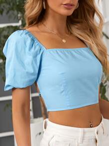 SHEIN Square Neck Lace Up Back Top - Baby Blue - View 4
