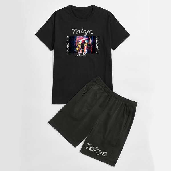 

Men Letter Graphic Tee & Shorts, Black