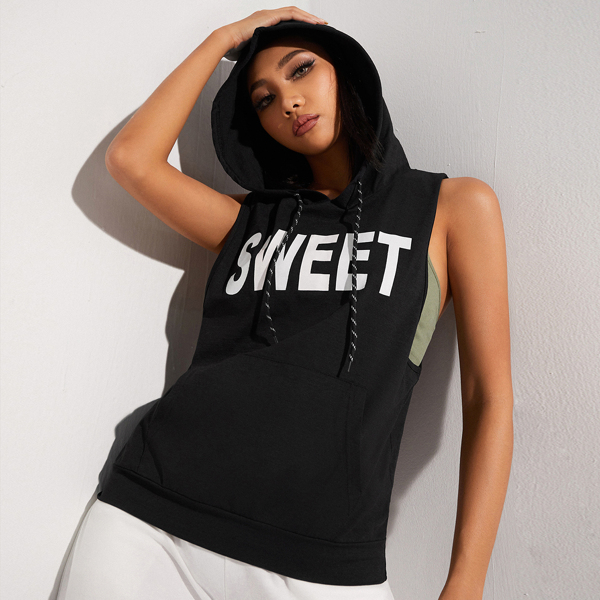 

Drawstring Detail Slogan Graphic Sports Top Without Bandeau, Black