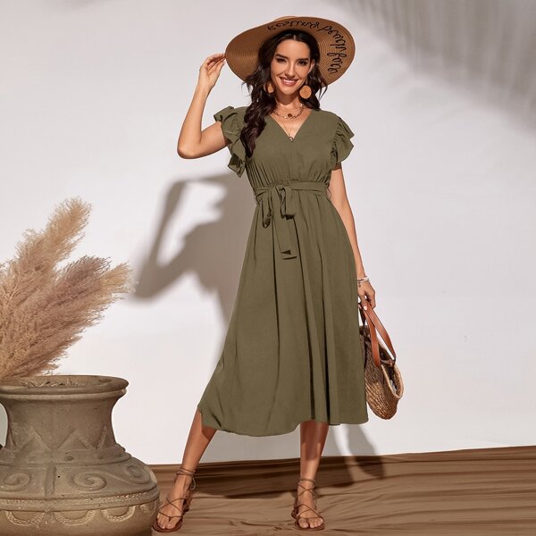 

Ruffle Trim Belted Solid Dress, Dark green