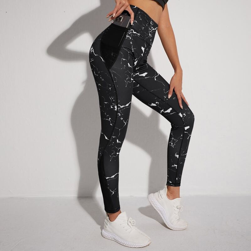 

High Waist Sports Leggings With Phone Pocket, Black and white
