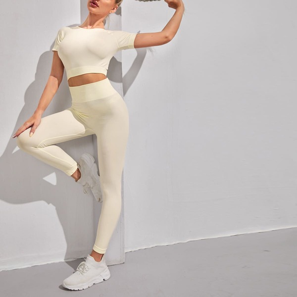 

Seamless Raglan Sleeve Tee With Wideband Waist Leggings Sports Set, Apricot