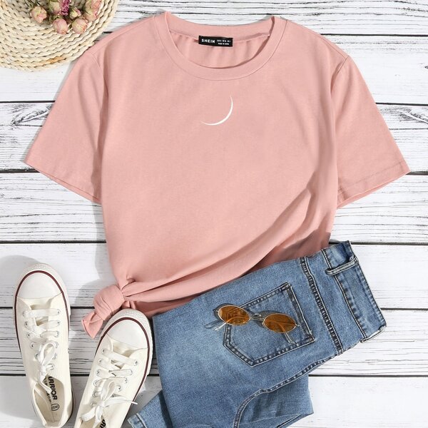 

Round Neck Graphic Print Tee, Baby pink