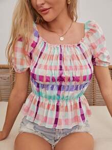 Top peplum con fruncido de guingán - Multicolor - Ver 1