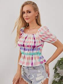 Top peplum con fruncido de guingán - Multicolor - Ver 3