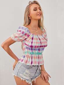 Top peplum con fruncido de guingán - Multicolor - Ver 4