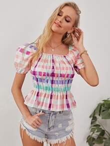 Top peplum con fruncido de guingán - Multicolor - Ver 5