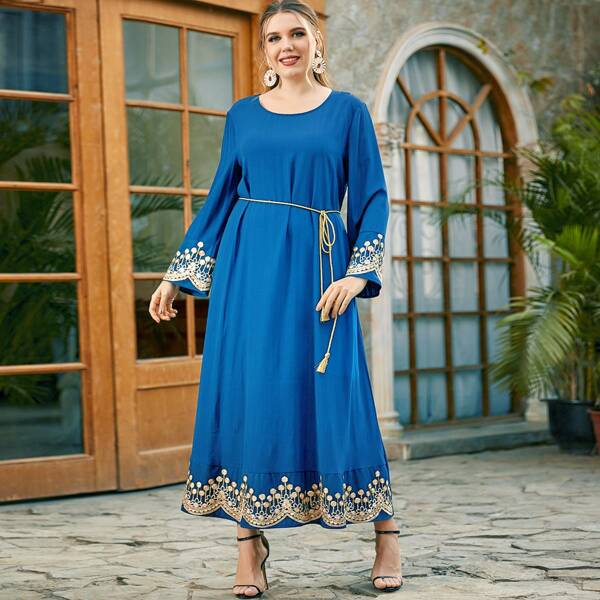 

Plus Embroidery Belted Tunic Dress, Blue