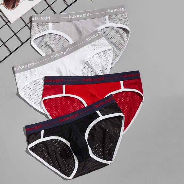 

Men 4pcs Contrast Binding Hollow Out Brief, Multicolor