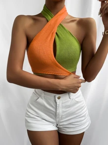 SHEIN Unity Knit ngọn Lộ Lưng Hội Chữ thập Buộc lại Khối Màu Gợi cảm - Nhiều màu - Xem 1