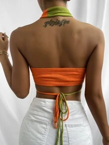 SHEIN Unity Knit ngọn Lộ Lưng Hội Chữ thập Buộc lại Khối Màu Gợi cảm - Nhiều màu - Xem 2