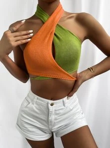 SHEIN Unity Knit ngọn Lộ Lưng Hội Chữ thập Buộc lại Khối Màu Gợi cảm - Nhiều màu - Xem 3