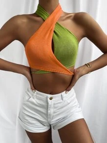 SHEIN Unity Knit ngọn Lộ Lưng Hội Chữ thập Buộc lại Khối Màu Gợi cảm - Nhiều màu - Xem 4