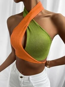 SHEIN Unity Knit ngọn Lộ Lưng Hội Chữ thập Buộc lại Khối Màu Gợi cảm - Nhiều màu - Xem 5