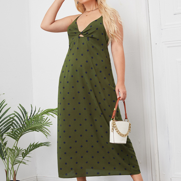 

Plus Polka Dot Criss Cross Backless Cami Dress, Army green