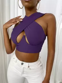 SHEIN SXY Cross Wrap Crop Tank Top - Purple - View 1
