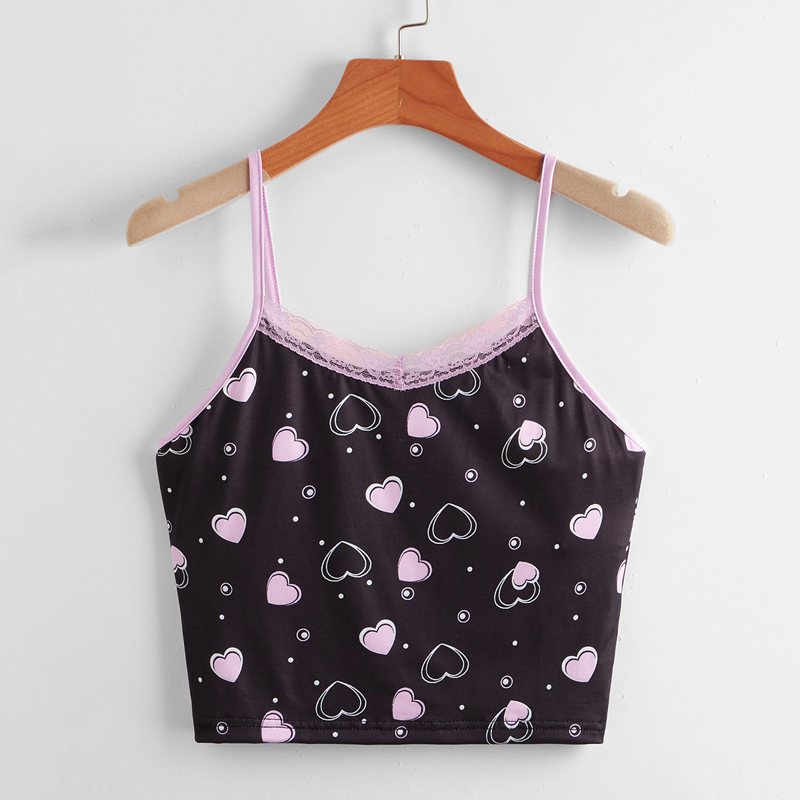 

Heart Graphic Contrast Lace Crop Cami, Black