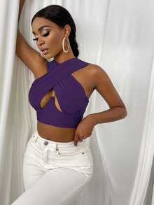 SHEIN SXY Cross Wrap Crop Tank Top - Purple - View 3