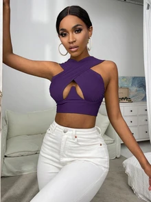 SHEIN SXY Cross Wrap Crop Tank Top - Purple - View 4