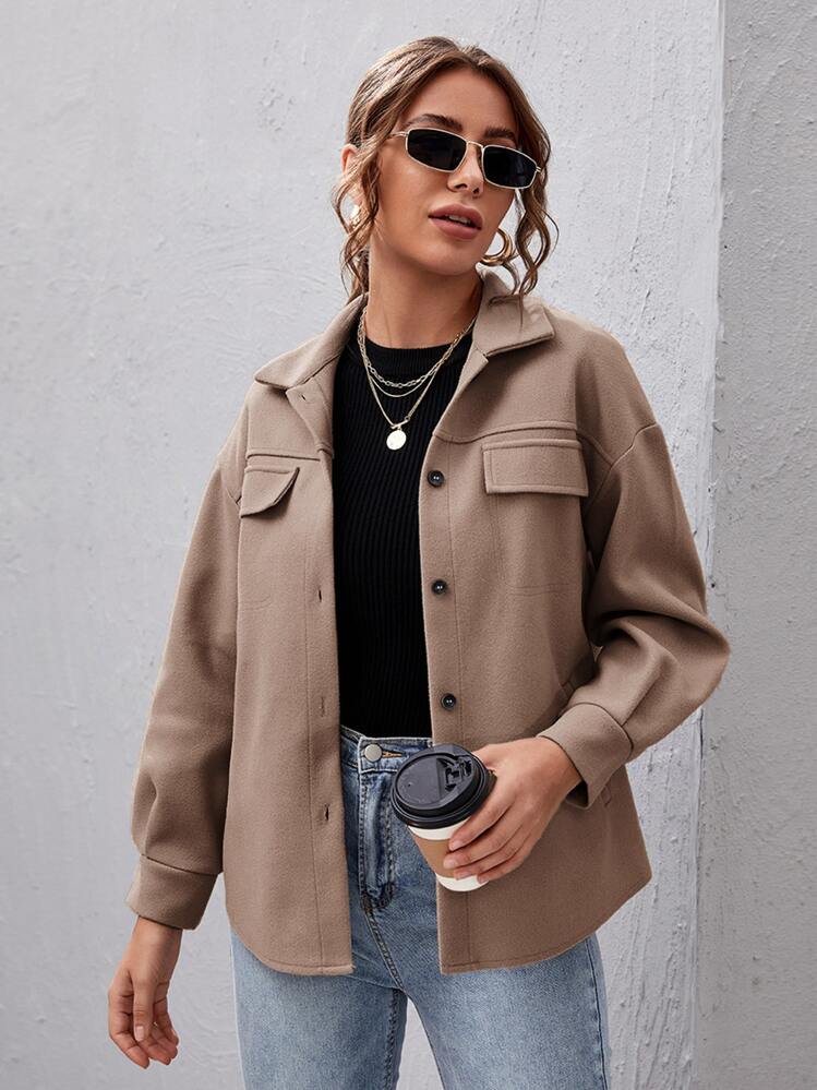 SHEIN Essnce Drop Shoulder Buttoned Overcoat - Mocha Brown - View 1