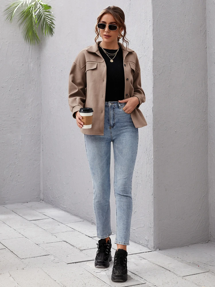 SHEIN Essnce Drop Shoulder Buttoned Overcoat - Mocha Brown - View 3