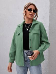 SHEIN Essnce Drop Shoulder Buttoned Overcoat - Green - View 1