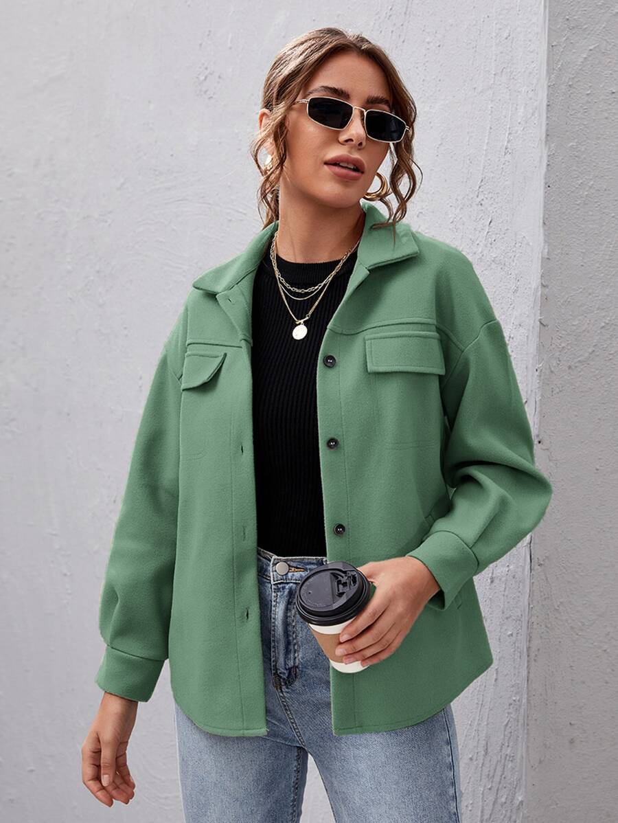 SHEIN Essnce Drop Shoulder Buttoned Overcoat - Green - View 1