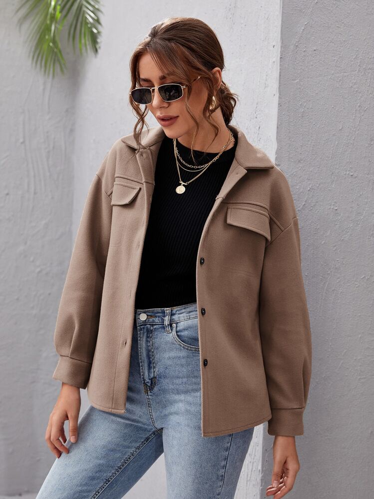 SHEIN Essnce Drop Shoulder Buttoned Overcoat - Mocha Brown - View 4