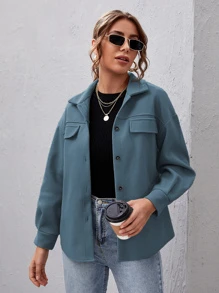 SHEIN Essnce Drop Shoulder Buttoned Overcoat - Dusty Blue - View 1